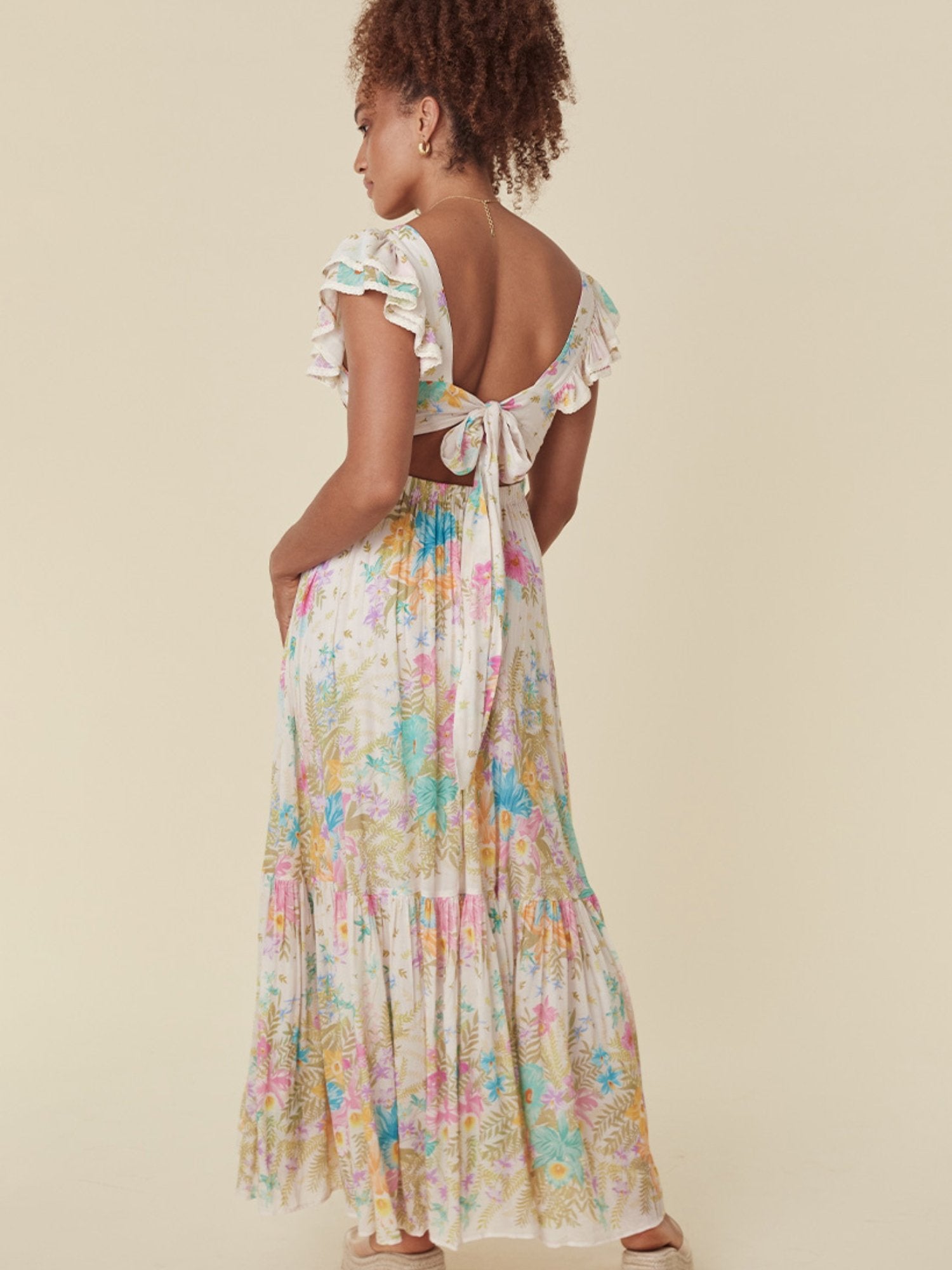 Designer printed Dola silk Frill Stitch gown